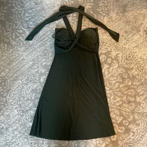 Green strapless/halter dress.